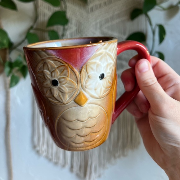 Cottagecore Owl Mug 🦉 Red & Tan Ceramic Coffee Cup by Elite Couture 🌿 Boho Cozy - Picture 2 of 8